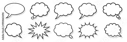 Speech bubbles collection with various shapes and comic styles for dialogue and expression featuring graphic resources, illustration elements, cartoon style with black and white and graphic design