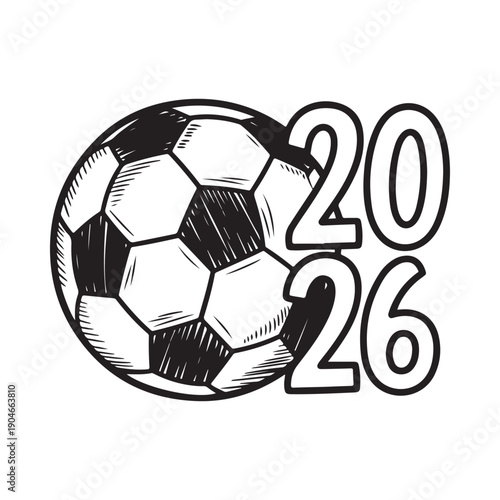 A black and white illustration depicts a soccer ball with the numbers twenty twenty six