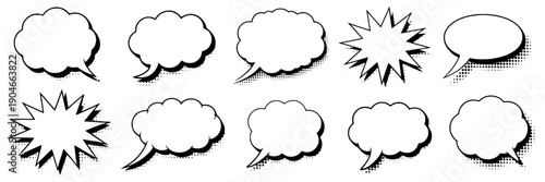 Speech bubbles comic set with halftone shadow chat balloons, cloud captions and starburst explosions in black and white pop art style for dialogue, text and sound effects