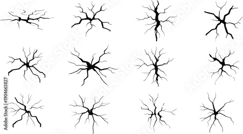 Collection of Twelve Unique Crack Pattern Illustrations in Grid Format for Material Science, Structural Engineering, and Visual Effects Design Studies