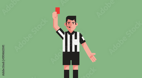 Soccer referee showing a red card during a game on a green background.