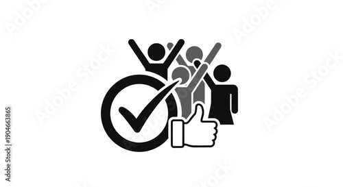 Diverse people group with checkmark and thumbs up icon, expressing approval on an isolated white background.