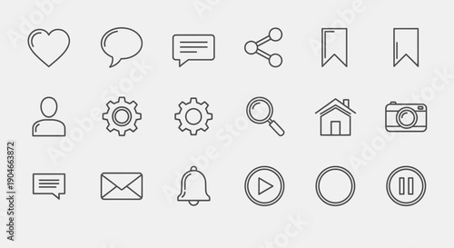 Universal Social Media and Interface Line Icons Set on Isolated Light Grey Background, Engagement and Navigation Elements