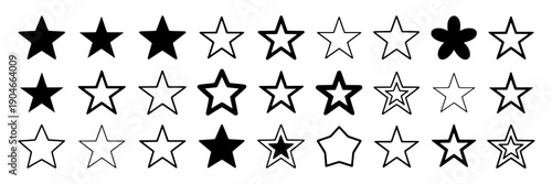 Stars set with black and white designs, varying line styles, and geometric shapes featuring minimalist, simple, icons with graphics and rating elements for review, favorites projects, clean