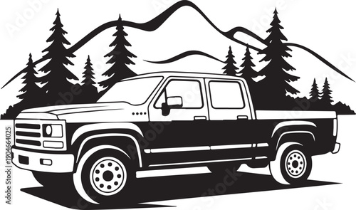 Blackandwhite illustration of a pickup truck in front of pine trees and mountains  rural landscape scene