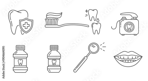 Comprehensive set of dental hygiene and oral care outline icons including shield, toothbrush, tooth, dental floss, mouthwash, and mirror on an isolated white background.