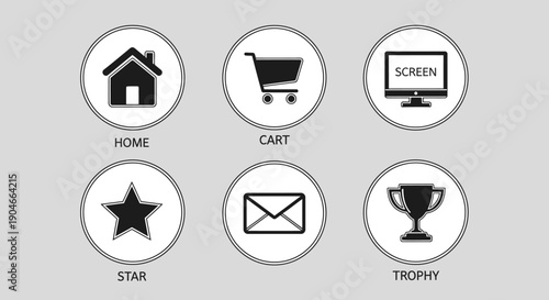 Minimalist UI website navigation outline icons set with home, cart, screen, star, email, trophy on isolated white background.