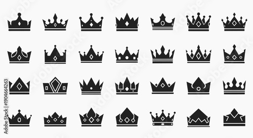 Set of solid black crown icons in various styles in bright studio