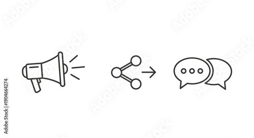 Marketing and communication process with megaphone, share, and speech bubble line icons in bright studio