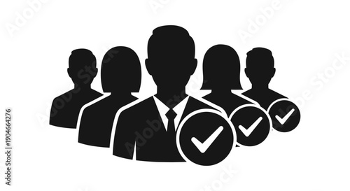 Group of successful people with checkmarks, representing approved team members on isolated white background