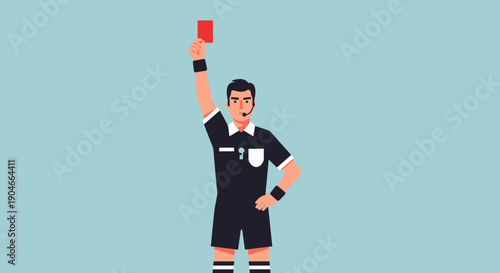 Male Football Referee Showing Red Card on Light Blue Background, Soccer Official with Penalty Decision