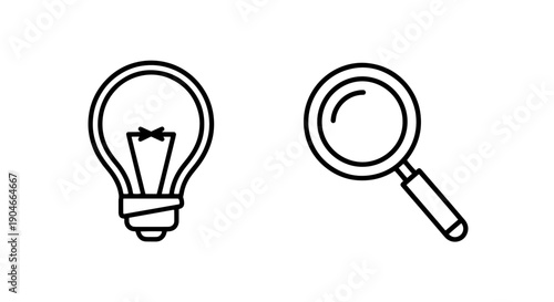 Creative Idea and Search Discovery Icons with Outline Lightbulb and Magnifying Glass