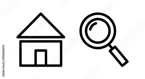 Home Search and Real Estate Research Icons with Outline House and Magnifying Glass