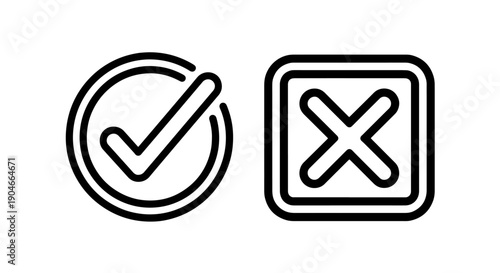 Approval and Rejection Icons: Outline Check Mark in Circle and Cross in Square