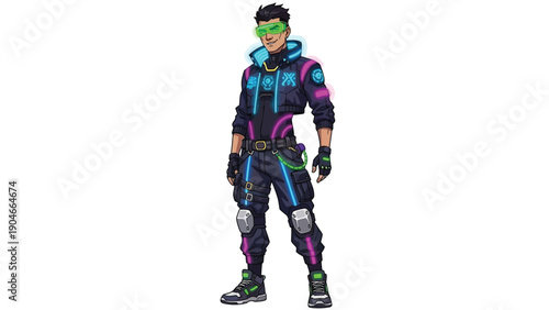 Full-body illustration of a futuristic character wearing a neon green mask and a black, blue, and pink jumpsuit with a white background.