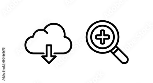 Cloud Download and Zoom In Search Icons: Outline Data Transfer and Magnifying Glass