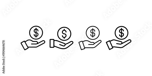 Hand holding dollar coin icon set for donation giving or payment investment concepts in line art style for financial and charitable transaction graphics