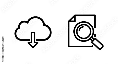 Cloud Document Download and Search File Icons: Outline Cloud and Magnifying Glass on Paper