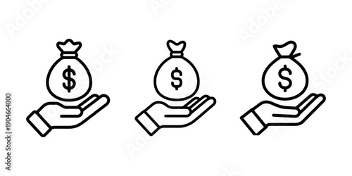 Hand holding money bag icons representing finance investment savings and wealth management symbol for financial services and prosperity vector illustration