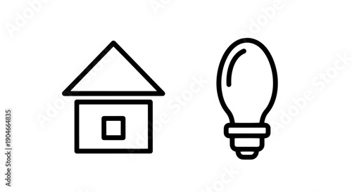 House with Window and Energy Efficient Lightbulb Icons: Outline Home and Modern Light