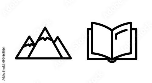 Adventure and Education Icon Set: Mountain Peaks and Open Book Symbol in Minimalist Line Art