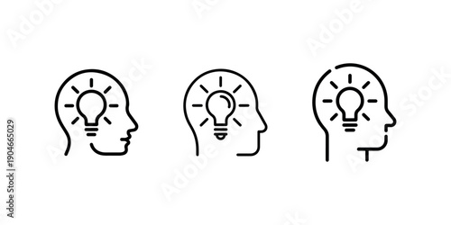 Human head profile with lightbulb idea icon set for creative thinking and brain imagination concepts in black line art for educational and design uses
