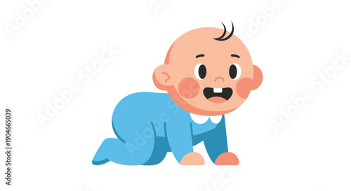 A happy baby with two teeth crawling forward in a blue onesie, symbolizing early childhood development and innocence