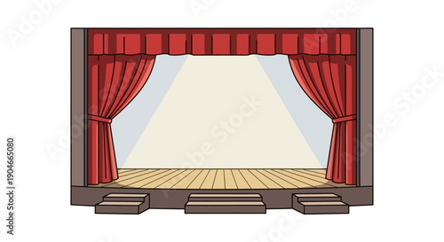 Theater stage with open red curtains, spotlight on wooden floor, empty performance space, viewed from the front