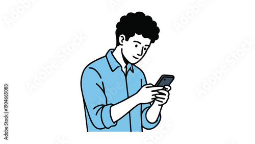 Young man engrossed in his smartphone casual attire.