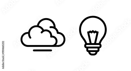 Creative Solutions Icon Set: Cloud Data and Lightbulb Idea Symbol in Minimalist Line Art