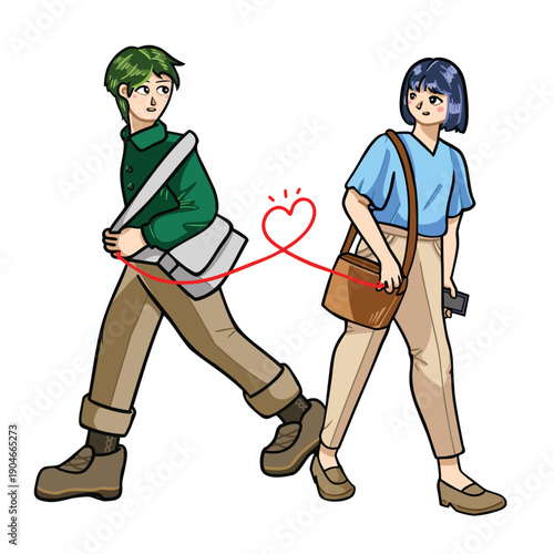 vector illustration cute couple stranger tied with red fate strings on pinky finger love 