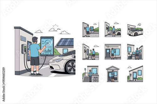 Man charging electric car at modern ecofriendly station with digital display screen outside