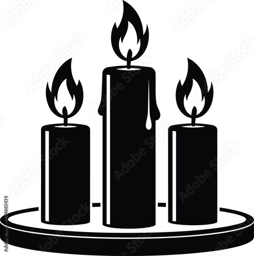 Black Candle Silhouette Illustration Featuring Three Burning Taper Candles With Melting Wax On A Decorative Base For Memorial Religious Service Meditation And Home Ambiance