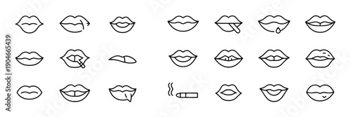 Lips hand drawn set with various expressions and gestures including smoking and kissing featuring mouth, emotions, vector with illustration and black and white elements for line art, facial projects,