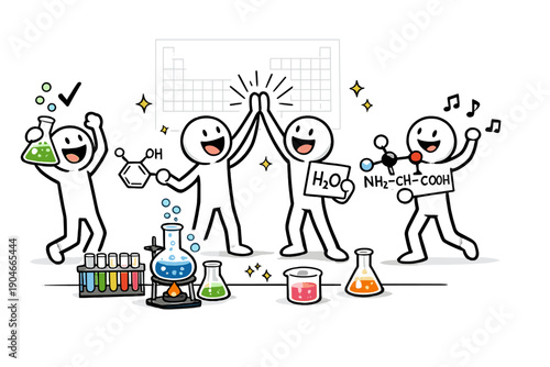 Happy scientists celebrating success in laboratory, cartoon illustration of teamwork, chemistry experiments, education, STEM learning and scientific discovery concept