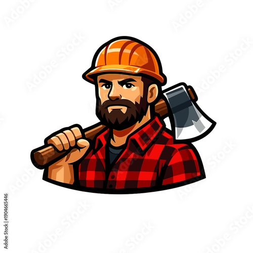 Bearded lumberjack holding axe, cartoon vector illustration of strong worker in helmet and plaid shirt, forestry, construction and woodcutting mascot concept