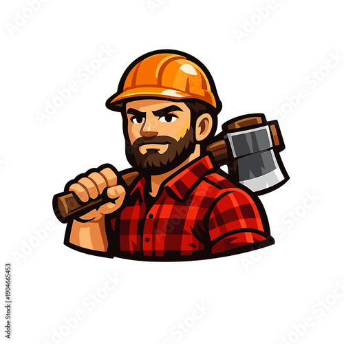 Colorful cartoon illustration of a bearded lumberjack wearing a hard hat and plaid shirt, holding an axe on his shoulder. Strong masculine character design ideal for construction, woodwork, and brandi