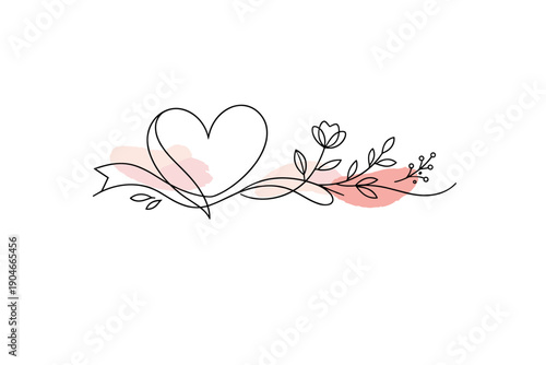 Minimal floral heart line art illustration with leaves and flowers, romantic hand drawn design symbolizing love, wedding, tenderness and elegant decoration concept