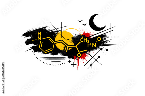 Chemical molecular formula with moon and abstract shapes, artistic illustration of melatonin structure, science meets art concept for chemistry, sleep and neuroscience themes