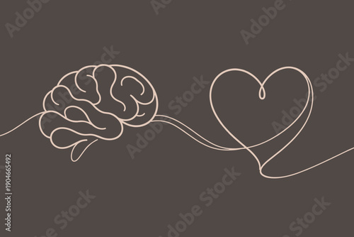 Brain and heart line art connected by a wire, concept illustration of the connection between logic and emotion, mental health, love, and harmony in minimalistic design