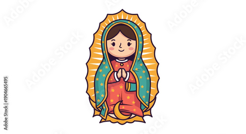 Our Lady of Guadalupe, a beloved religious figure depicted in a vibrant, stylized illustration with traditional colors and motifs