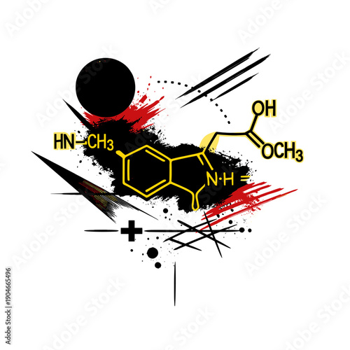 Abstract chemical illustration with molecular structure and formula elements, representing neuroscience, biochemistry, pharmacology, brain chemistry, and modern scientific research concept.