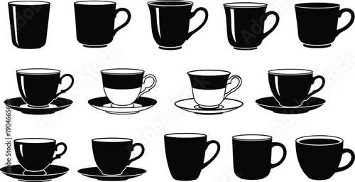 Black Coffee Cup and Tea Mug Silhouettes Vector Set featuring Various Shapes Styles with Saucers and Handles Isolated on White Background for Cafe Menu Design
