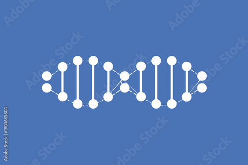 Minimal flat illustration of a DNA double helix on a blue background. Clean scientific symbol representing genetics, biotechnology, molecular biology, and medical research concepts.