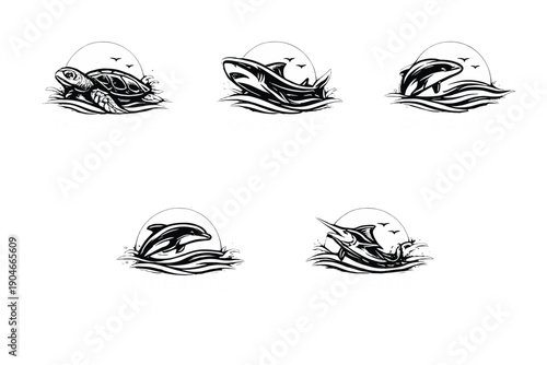 Black and white marine animal logo set with sea turtle, shark, dolphin, manta ray and swordfish, vintage ocean emblem illustrations for branding, tattoo design, nautical logos and sea life graphics
