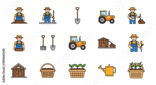 Pixel art icon set for agriculture and farming, featuring workers, tractors, tools, and harvest items. Ideal for digital interfaces and themed design projects