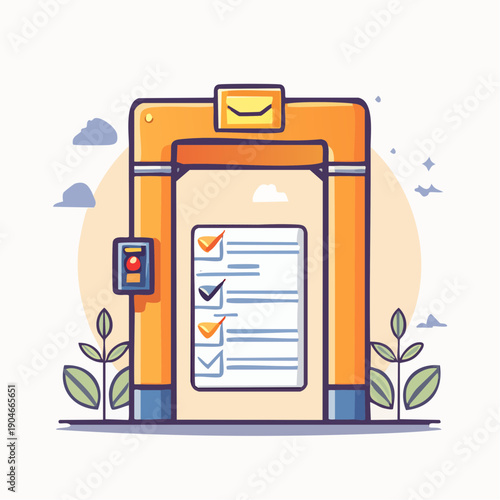 Voting booth with ballot box and checklist.