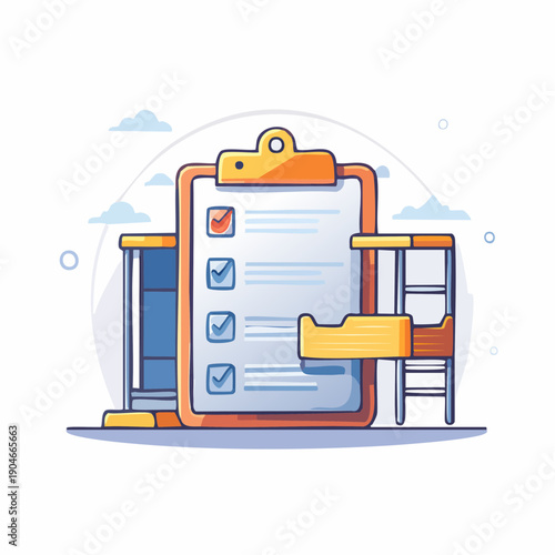 Checklist on clipboard with verified tasks and office supplies.