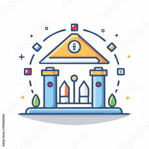 Bank building with pillars and currency symbol.