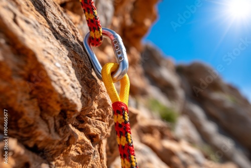 Close-up of Quickdraw Clipped to Rock Anchor in Outdoor Climbing Environment